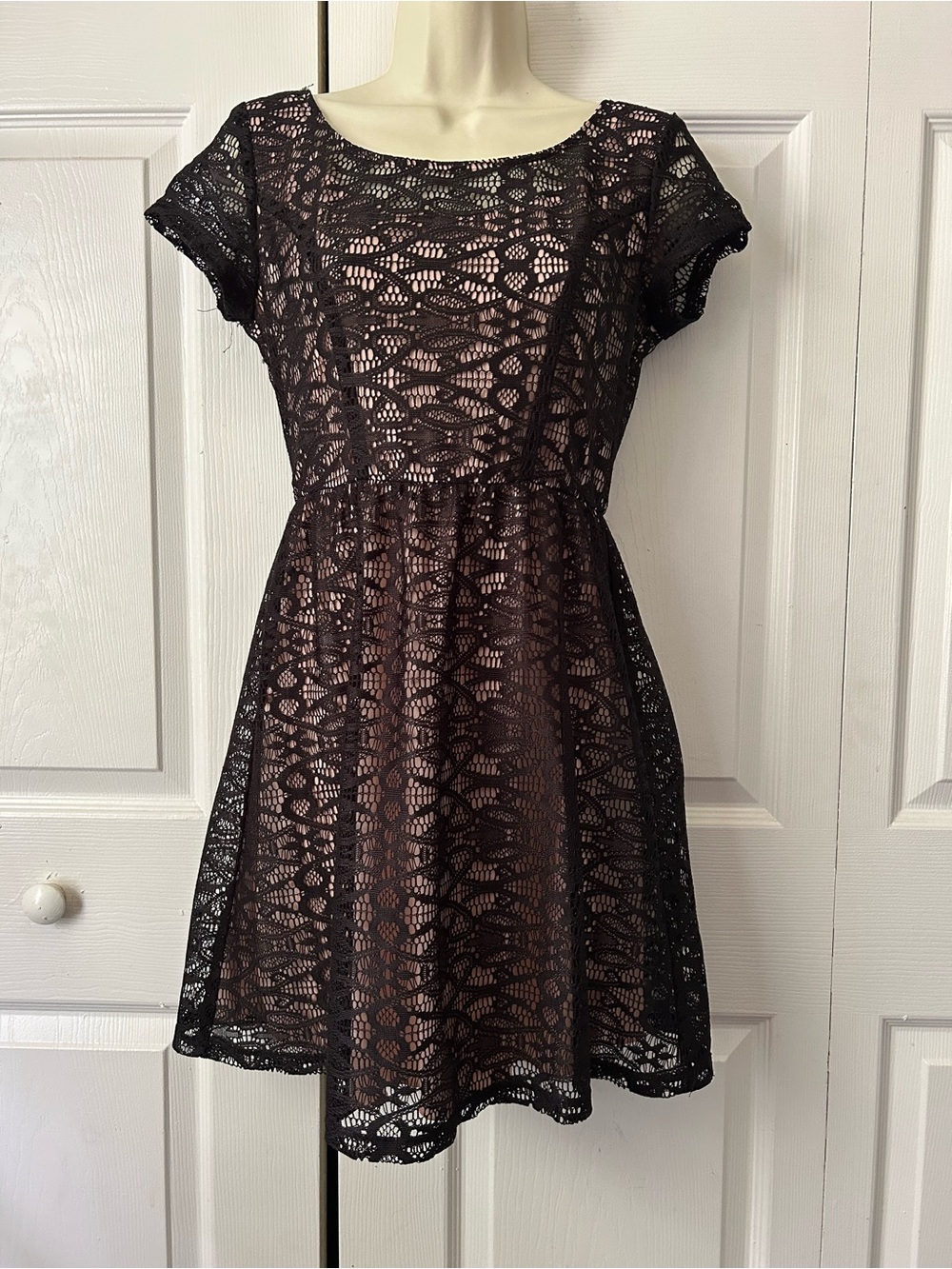 Speechless Black Lace Overlay with Pink Lining Fit & Flare Dress